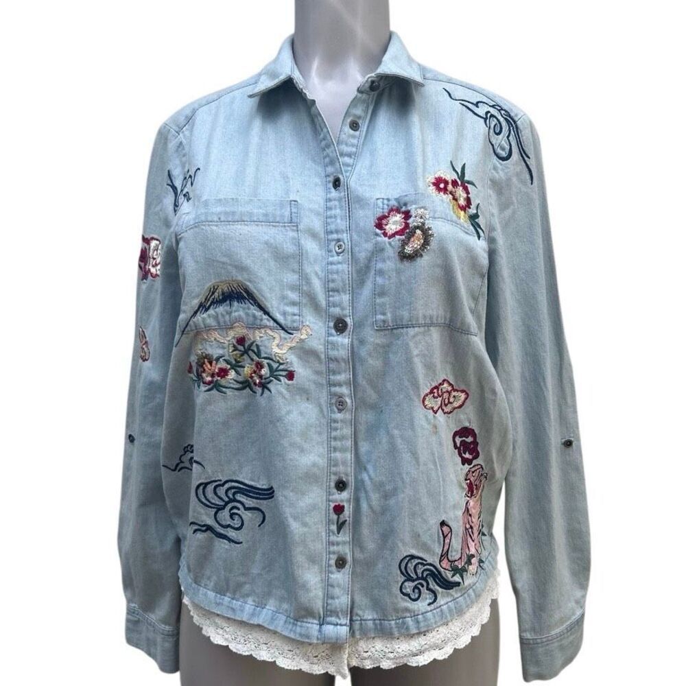 Anthropologie Holding Horses Chambray Denim Shirt Women's Small Blue Embroidered